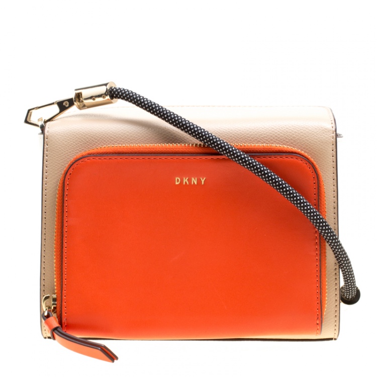 DKNY Bryant Park Orange Saffiano Leather Top Zip Cross-Body Bag