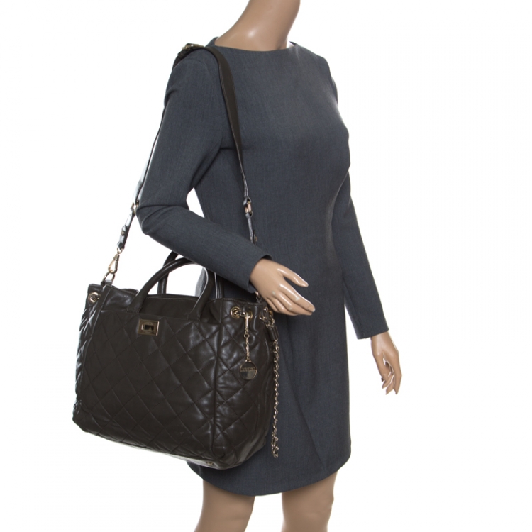 Pre Owned DKNY Military Green Quilted Leather Tote