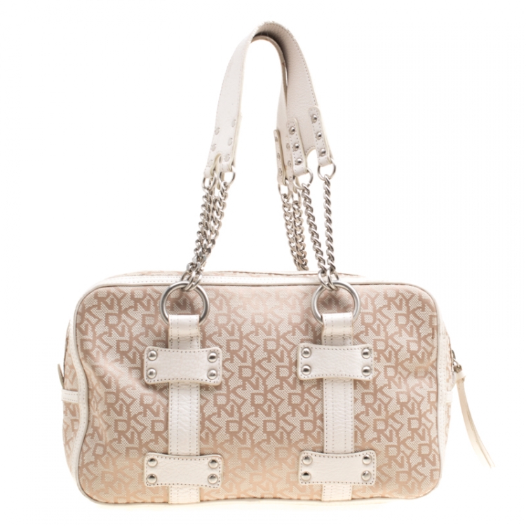 Pre Owned DKNY Beige/White Signature Canvas and Leather Satchel