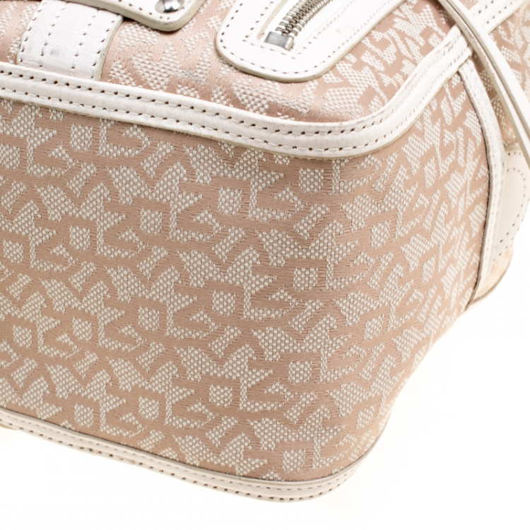 Pre Owned DKNY Beige/White Signature Canvas and Leather Satchel