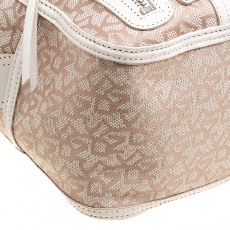 Pre Owned DKNY Beige/White Signature Canvas and Leather Satchel