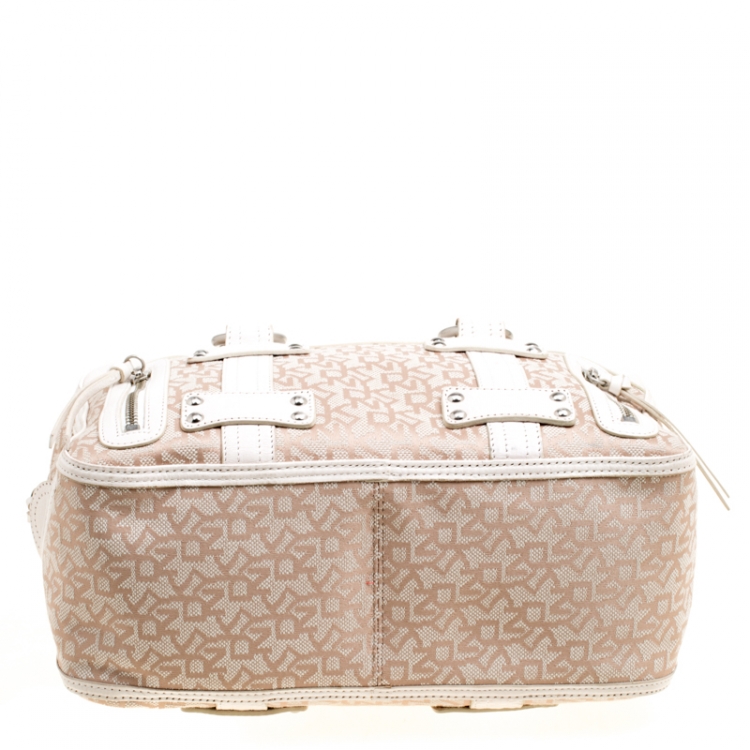 Pre Owned DKNY Beige/White Signature Canvas and Leather Satchel