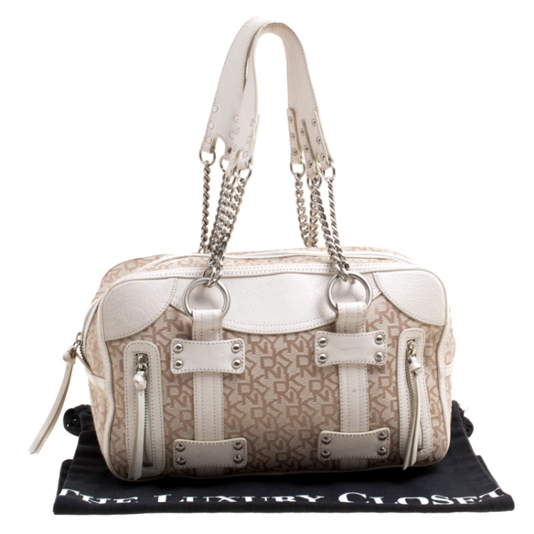 Pre Owned DKNY Beige/White Signature Canvas and Leather Satchel