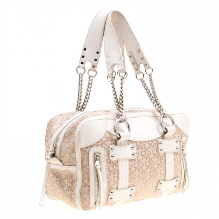 Pre Owned DKNY Beige/White Signature Canvas and Leather Satchel