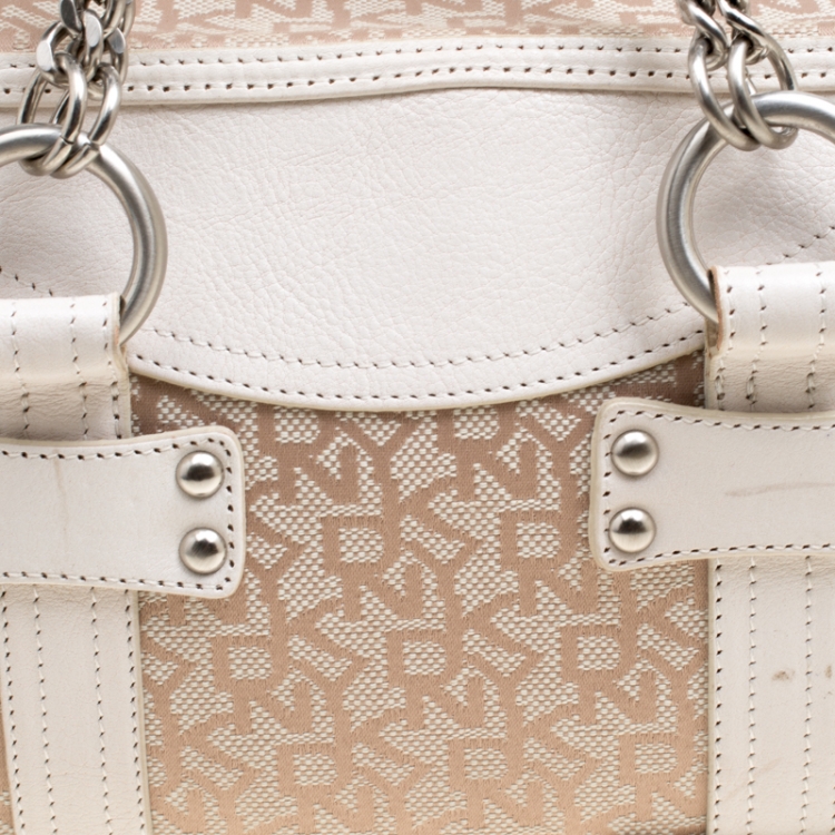 Pre Owned DKNY Beige/White Signature Canvas and Leather Satchel