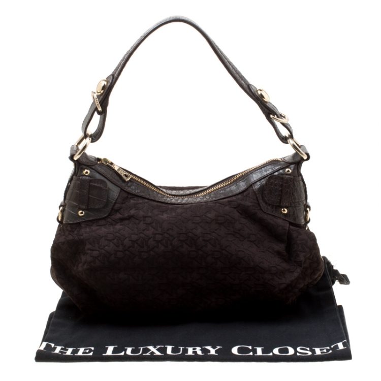 Pre Owned DKNY Brown Signature Fabric and Croc Embossed Leather Hobo