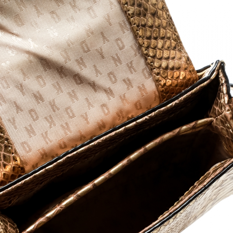 Pre Owned DKNY  Gold Python Embossed Leather Crossbody Bag