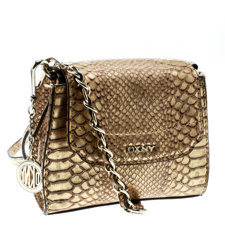 Pre Owned DKNY  Gold Python Embossed Leather Crossbody Bag