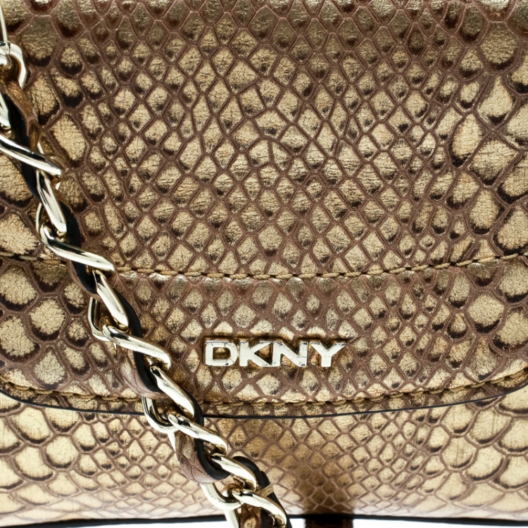 Pre Owned DKNY  Gold Python Embossed Leather Crossbody Bag
