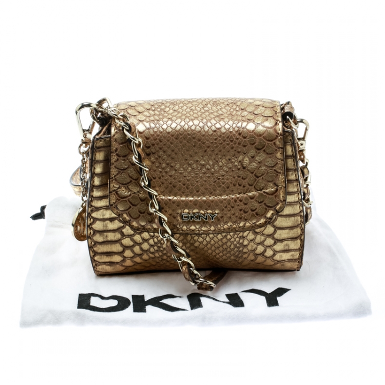 Pre Owned DKNY  Gold Python Embossed Leather Crossbody Bag