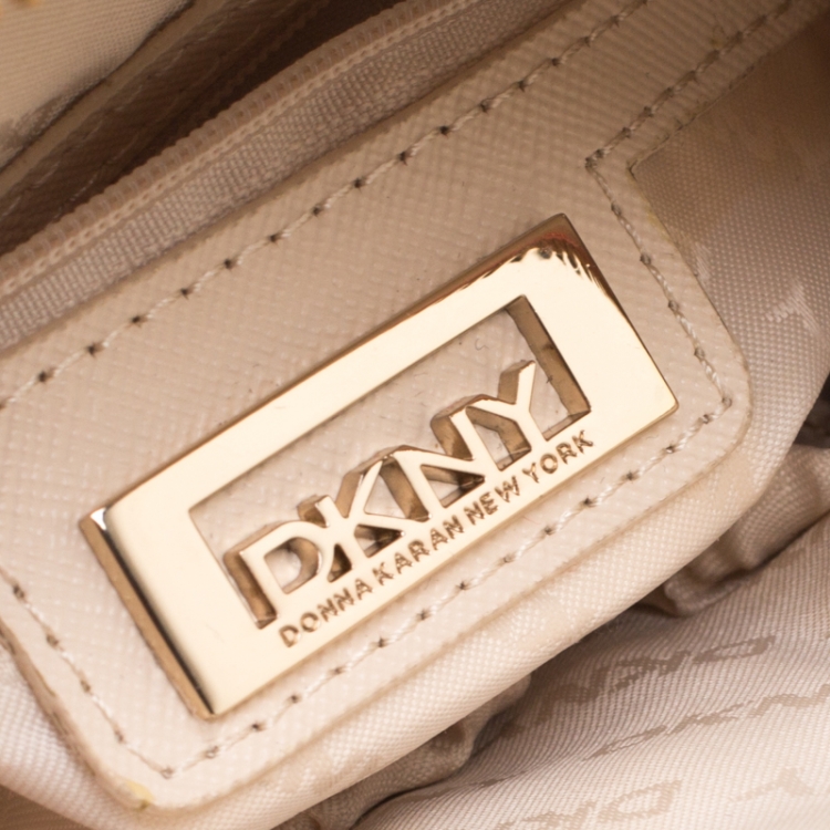 Pre Owned DKNY Beige/Pink Signature Canvas Crossbody Bag 