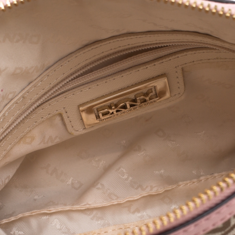 Pre Owned DKNY Beige/Pink Signature Canvas Crossbody Bag 