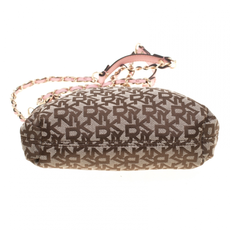 Pre Owned DKNY Beige/Pink Signature Canvas Crossbody Bag 