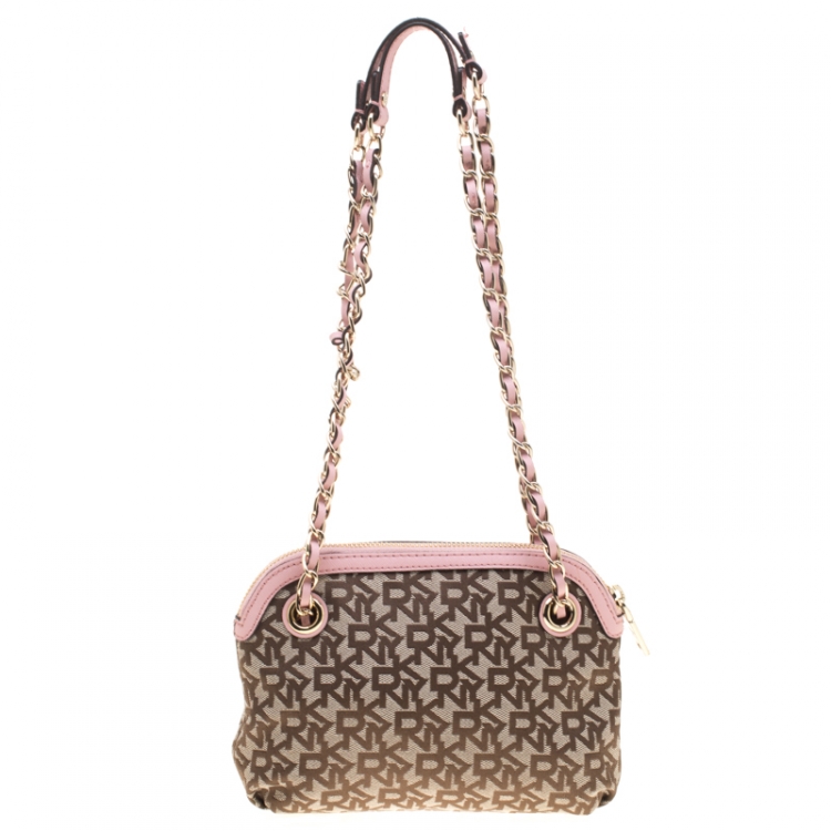 Pre Owned DKNY Beige/Pink Signature Canvas Crossbody Bag 