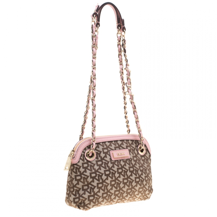 Pre Owned DKNY Beige/Pink Signature Canvas Crossbody Bag 