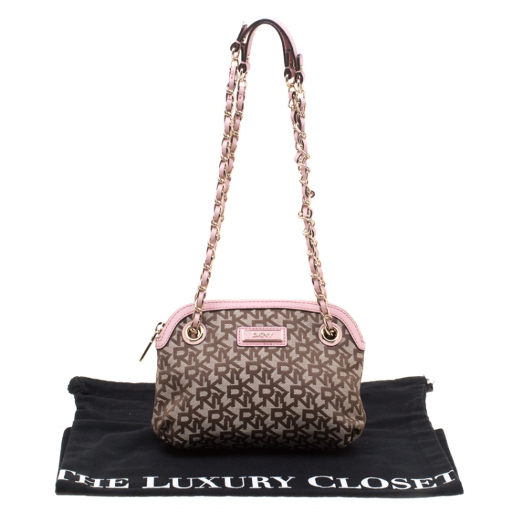 Pre Owned DKNY Beige/Pink Signature Canvas Crossbody Bag 