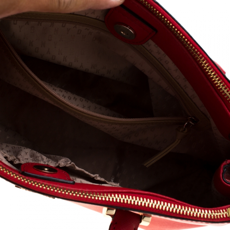 Pre Owned DKNY Red Dona Karan Saffiano Leather Double Zip Tote