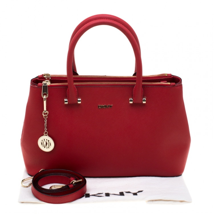 Pre Owned DKNY Red Dona Karan Saffiano Leather Double Zip Tote