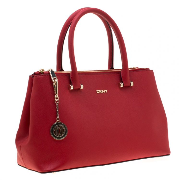 Pre Owned DKNY Red Dona Karan Saffiano Leather Double Zip Tote