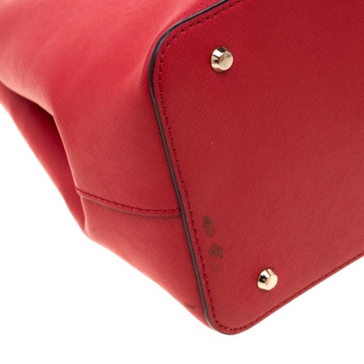 Pre Owned DKNY Red Dona Karan Saffiano Leather Double Zip Tote