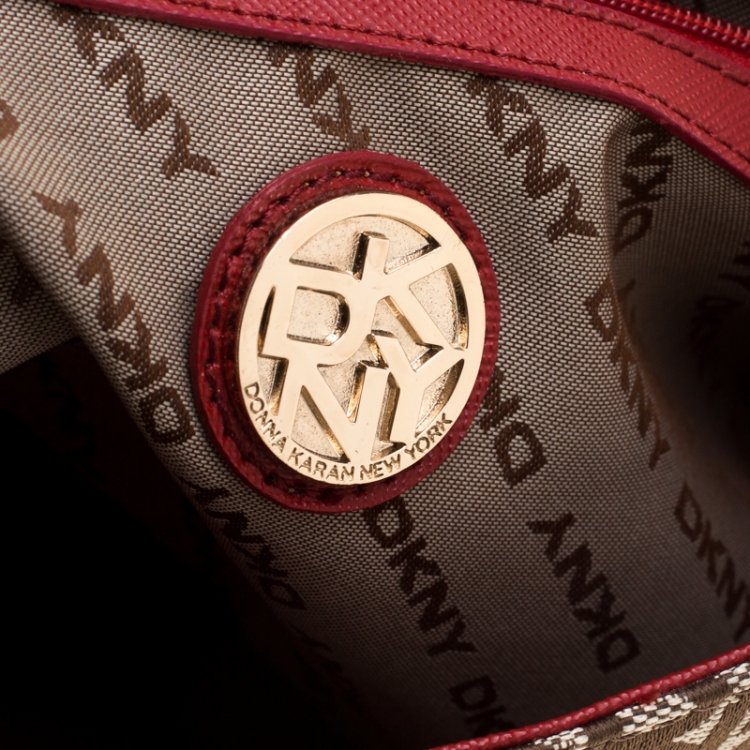 Pre Owned DKNY Red/Beige Canvas and Leather Crossbody Bag