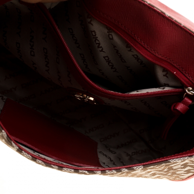 Pre Owned DKNY Red/Beige Canvas and Leather Crossbody Bag