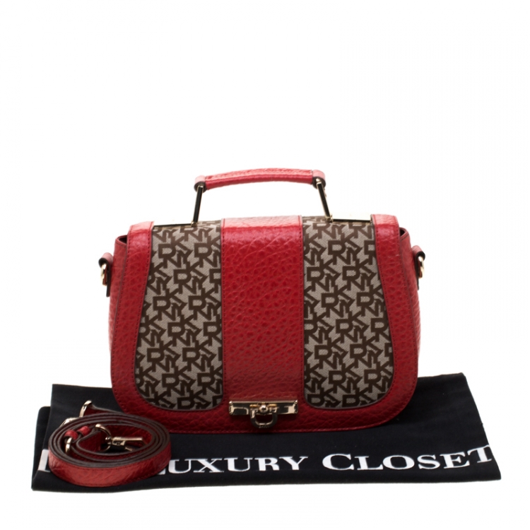 Pre Owned DKNY Red/Beige Canvas and Leather Crossbody Bag