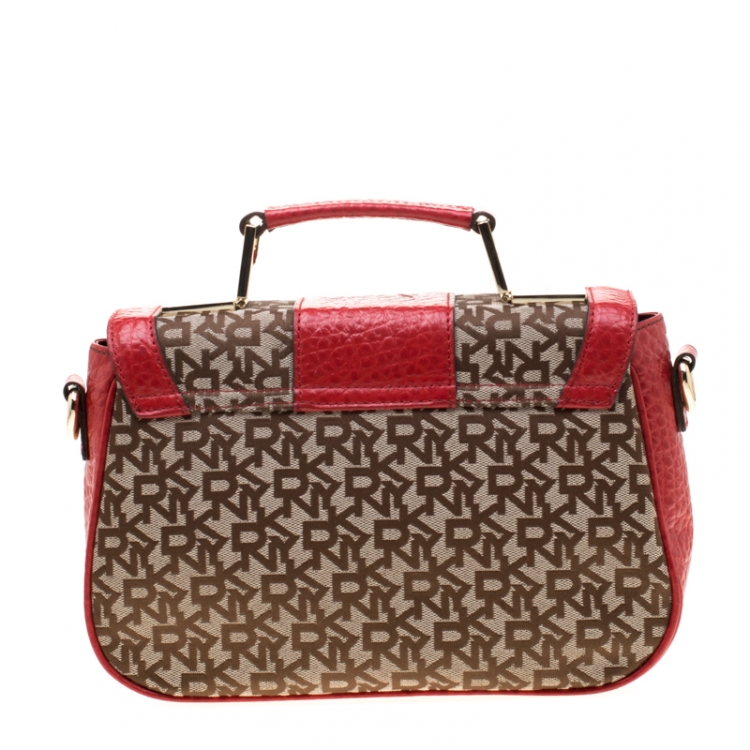Pre Owned DKNY Red/Beige Canvas and Leather Crossbody Bag