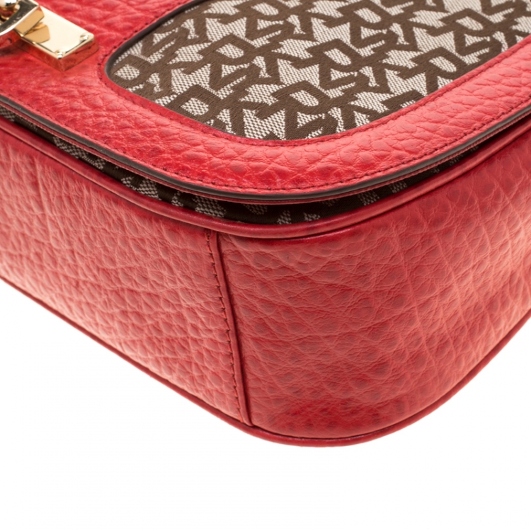 Pre Owned DKNY Red/Beige Canvas and Leather Crossbody Bag