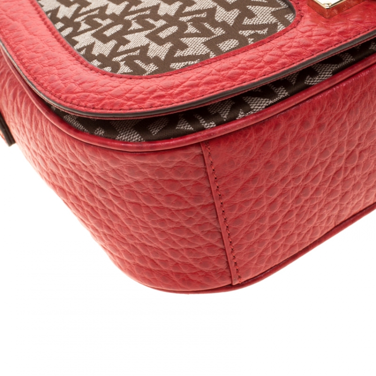 Pre Owned DKNY Red/Beige Canvas and Leather Crossbody Bag