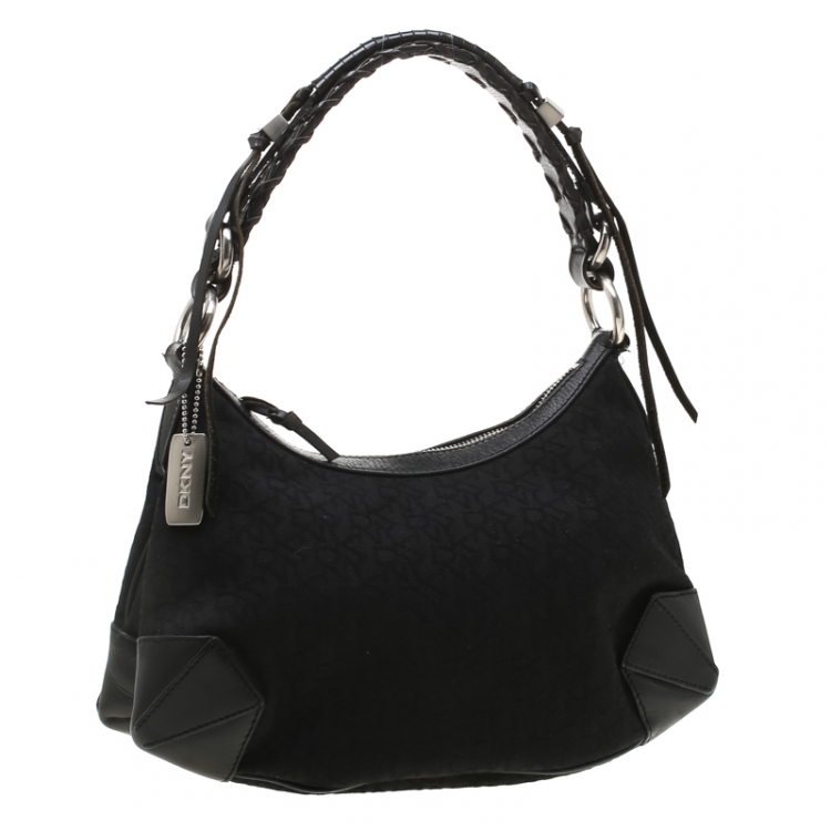 Pre Owned DKNY Black Signature Canvas and Leather Shoulder Bag
