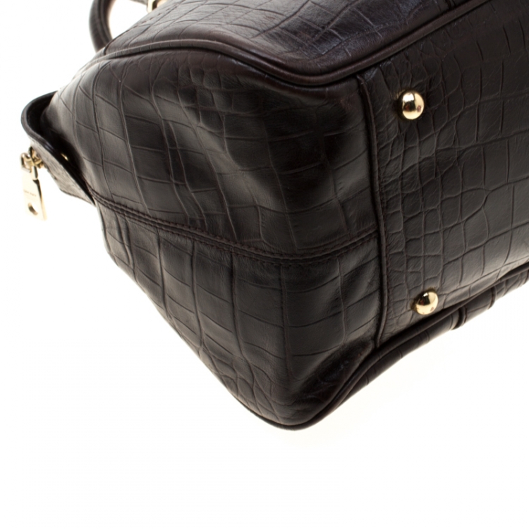 Pre Owned DKNY Dark Brown Crocodile Embossed Leather Bowler Bag