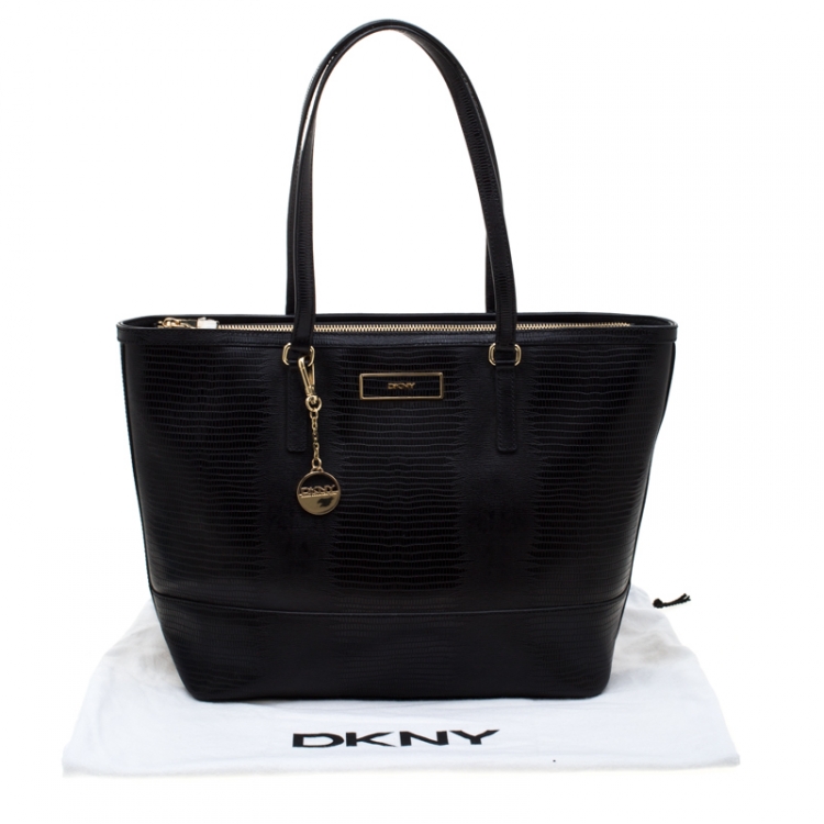 Pre Owned DKNY Black Leather Lizard Embossed Tote