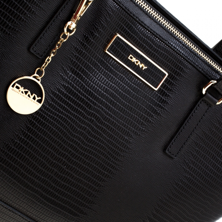 Pre Owned DKNY Black Leather Lizard Embossed Tote