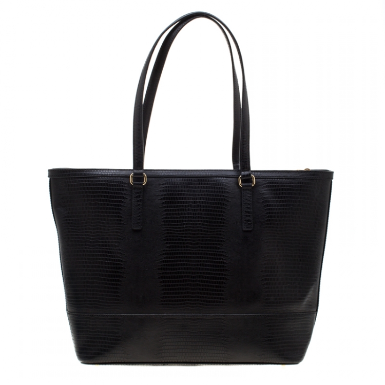 Pre Owned DKNY Black Leather Lizard Embossed Tote