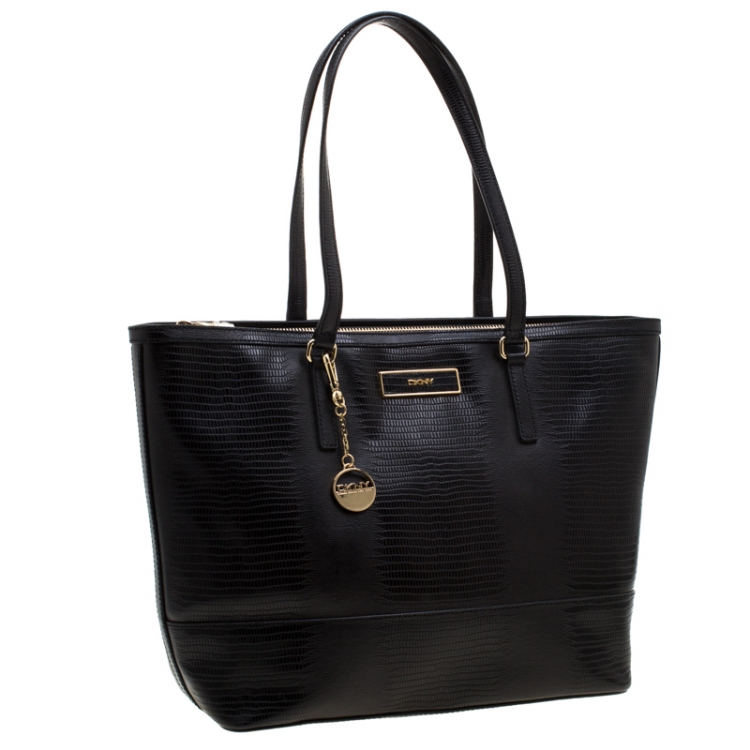 Pre Owned DKNY Black Leather Lizard Embossed Tote