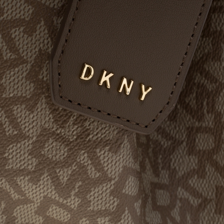 Pre Owned DKNY Dark Beige Signature Coated Canvas and Leather Drawstring Bucket Bag