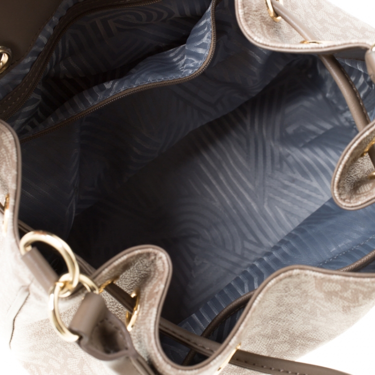 Pre Owned DKNY Dark Beige Signature Coated Canvas and Leather Drawstring Bucket Bag