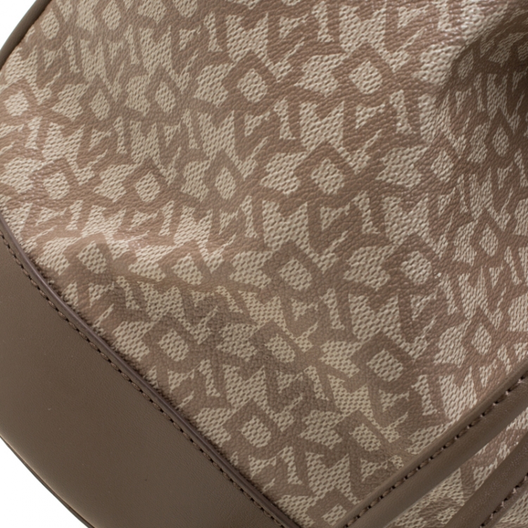 Pre Owned DKNY Dark Beige Signature Coated Canvas and Leather Drawstring Bucket Bag