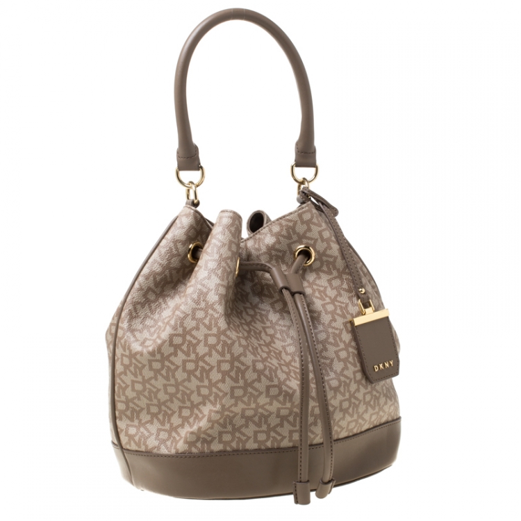 Pre Owned DKNY Dark Beige Signature Coated Canvas and Leather Drawstring Bucket Bag