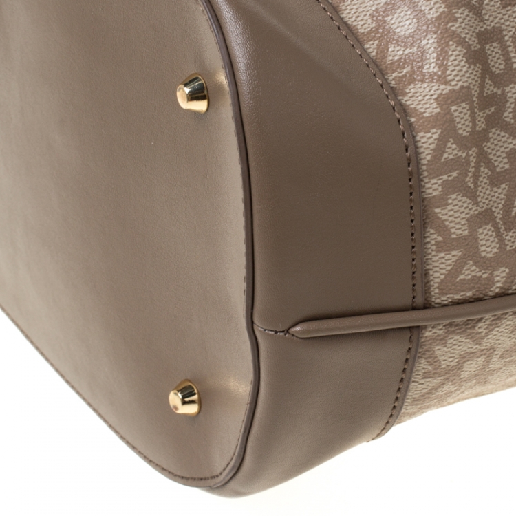 Pre Owned DKNY Dark Beige Signature Coated Canvas and Leather Drawstring Bucket Bag