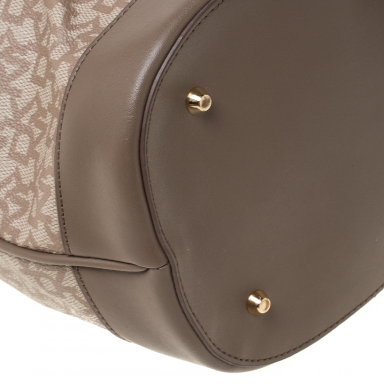 Pre Owned DKNY Dark Beige Signature Coated Canvas and Leather Drawstring Bucket Bag