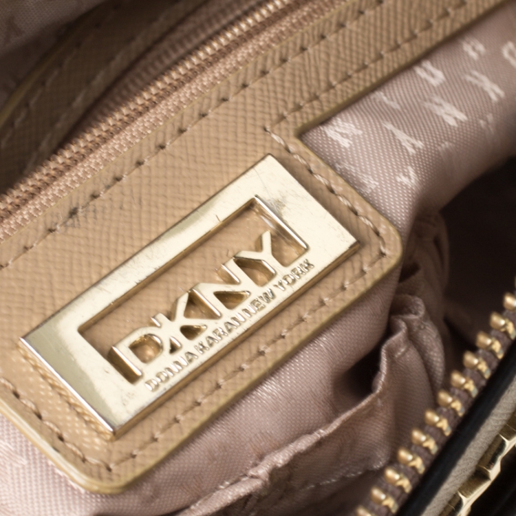 Pre Owned DKNY Dark Beige Leather Top Zip Crossbody Bag