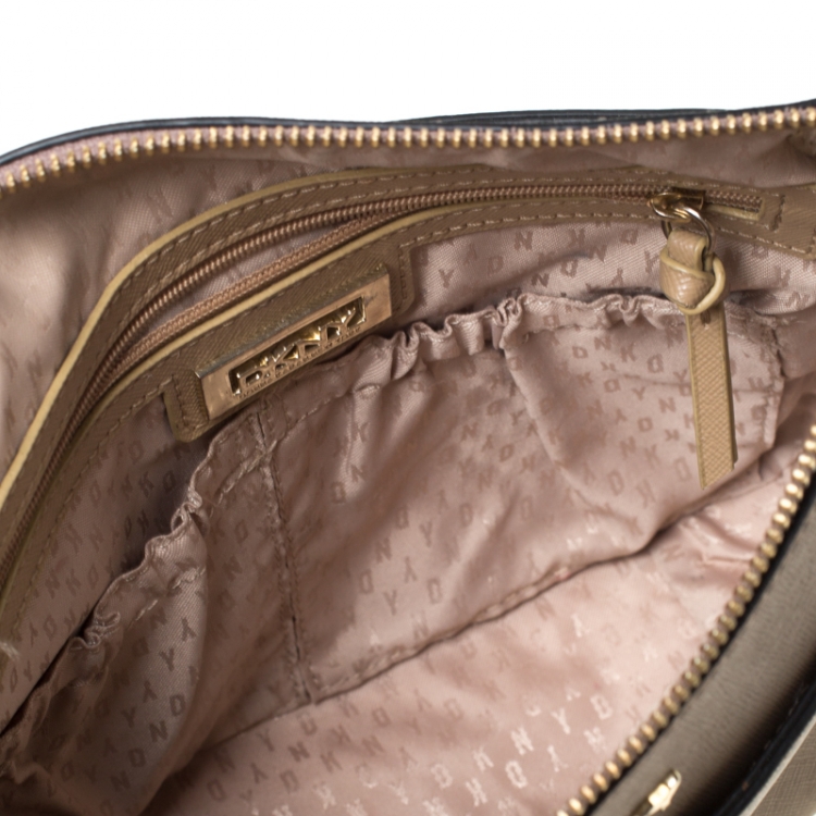 Pre Owned DKNY Dark Beige Leather Top Zip Crossbody Bag