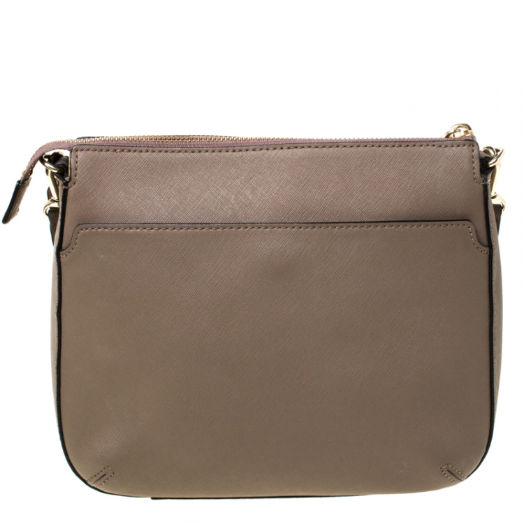 Pre Owned DKNY Dark Beige Leather Top Zip Crossbody Bag