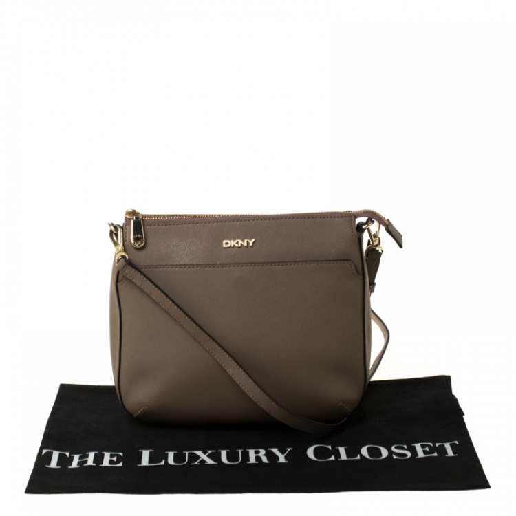 Pre Owned DKNY Dark Beige Leather Top Zip Crossbody Bag