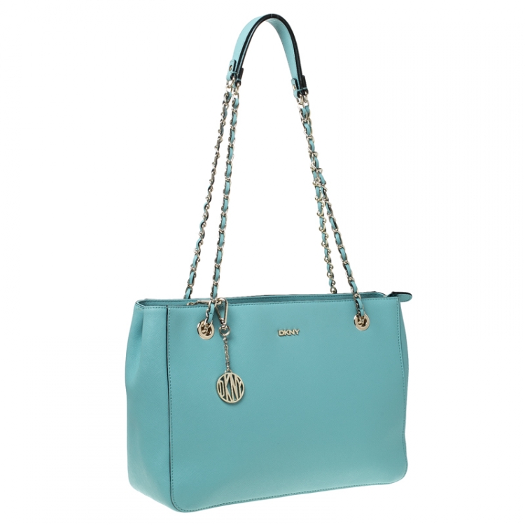 Pre Owned Dkny Lime Green Leather Bryant Zipped Chain Tote