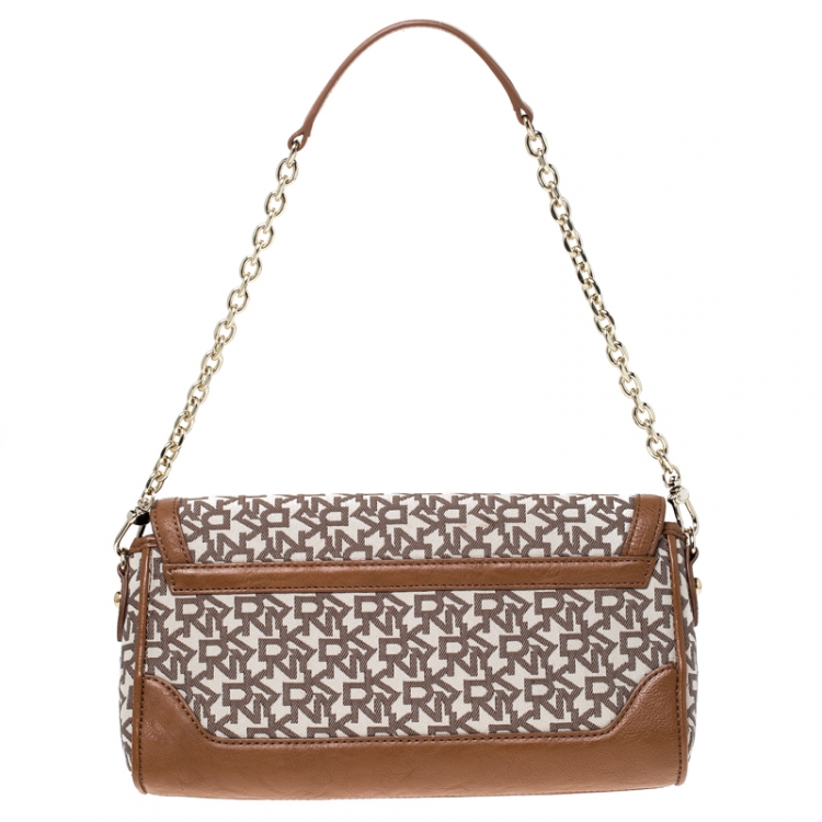 Pre Owned Dkny Brown/Beige Monogram Canvas Flap Chain Shoulder Bag