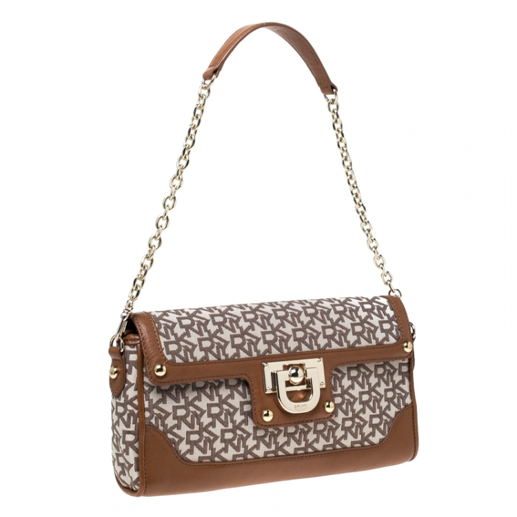 Pre Owned Dkny Brown/Beige Monogram Canvas Flap Chain Shoulder Bag