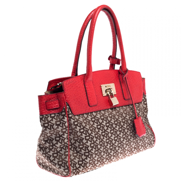 Pre Owned DKNY Beige/Red Signature Canvas and Leather Satchel 